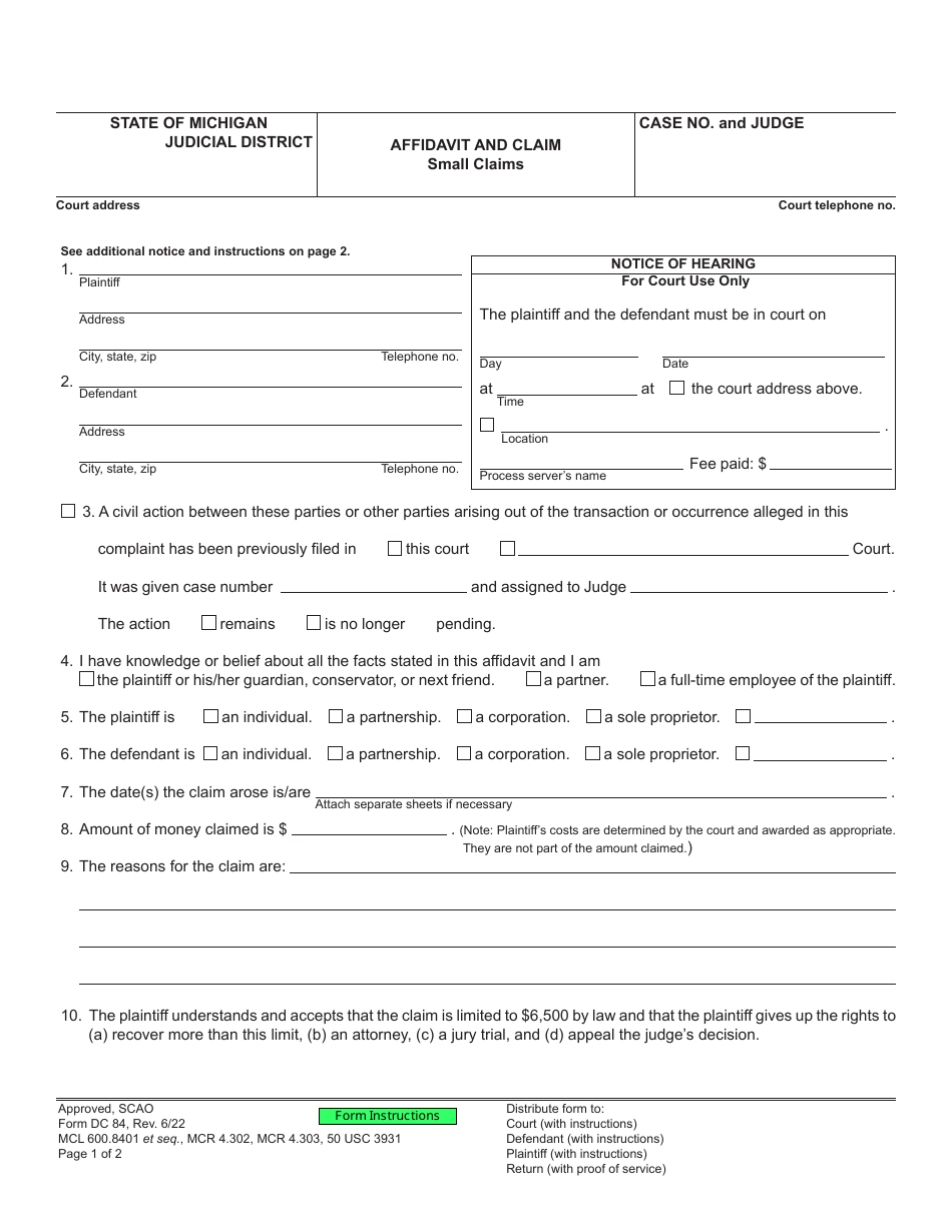 Form DC84 Affidavit and Claim - Small Claims - Michigan, Page 1