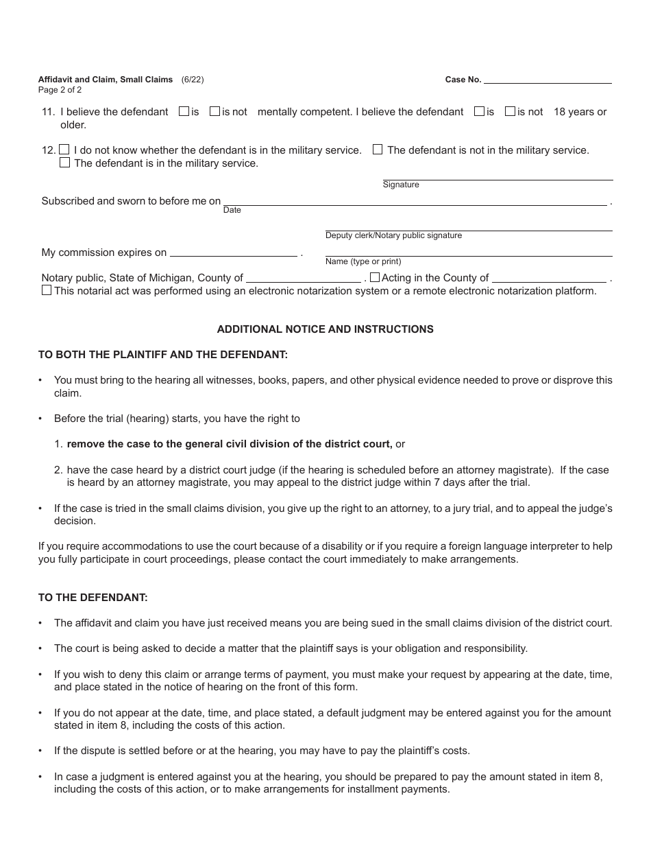 Form DC84 Affidavit and Claim - Small Claims - Michigan, Page 2