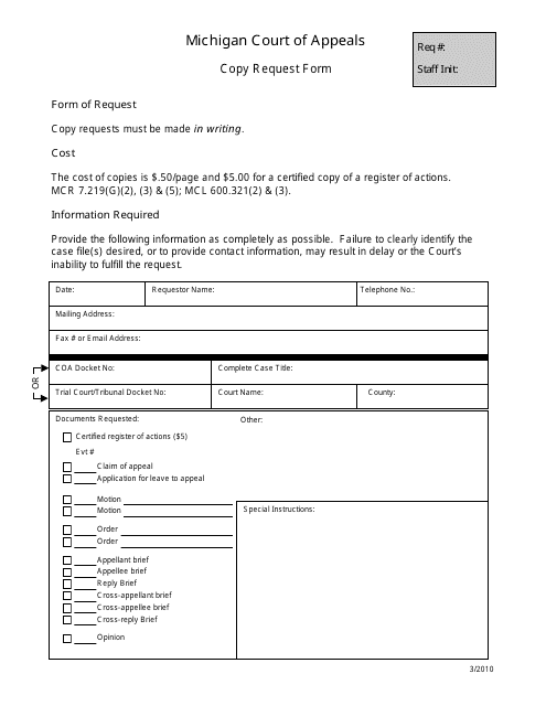 Copy Request Form - Michigan Download Pdf