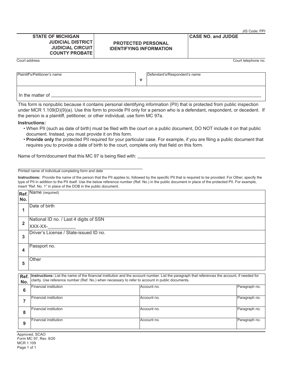 Form MC97 Protected Personal Identifying Information - Michigan, Page 1