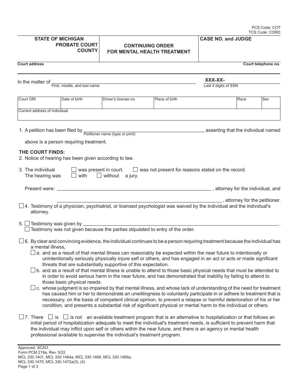 Form PCM219A Continuing Order for Mental Health Treatment - Michigan, Page 1