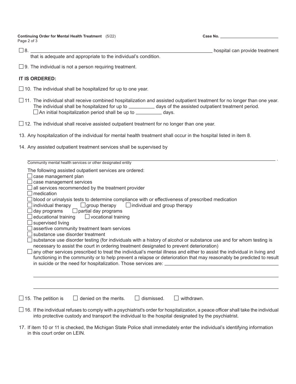 Form PCM219A Continuing Order for Mental Health Treatment - Michigan, Page 2