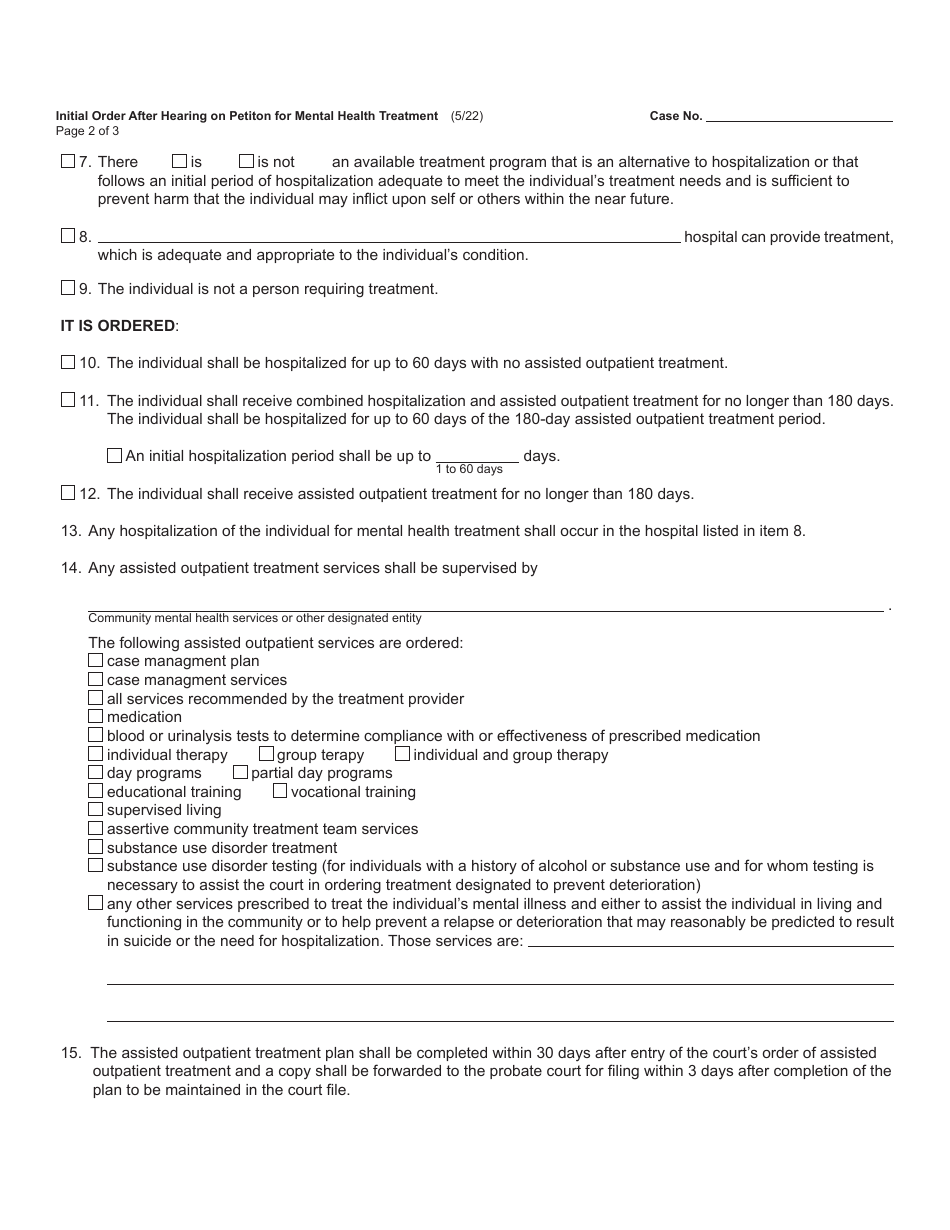 Form PCM214 Initial Order After Hearing on Petition for Mental Health Treatment - Michigan, Page 2
