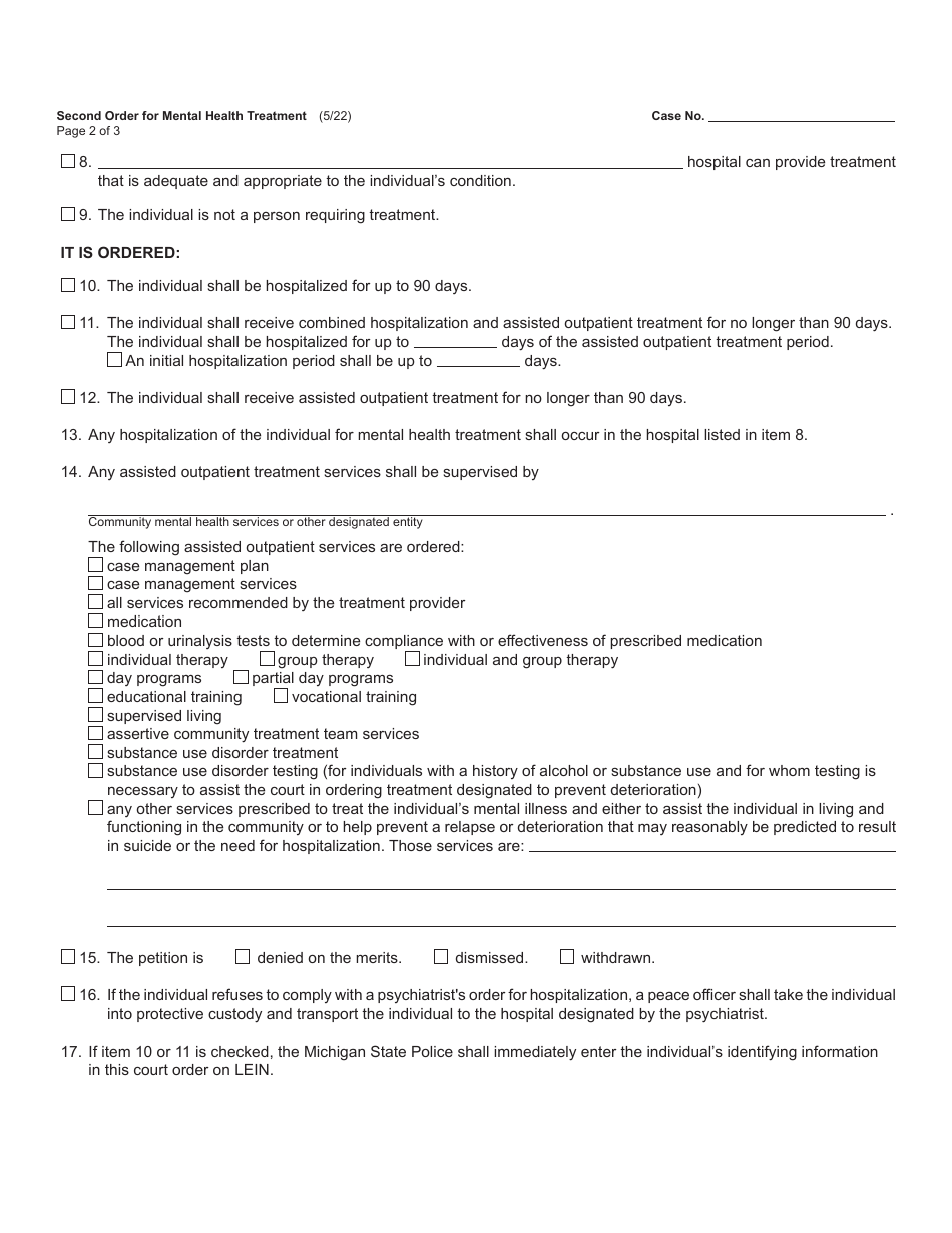 Form PCM219 Second Order for Mental Health Treatment - Michigan, Page 2