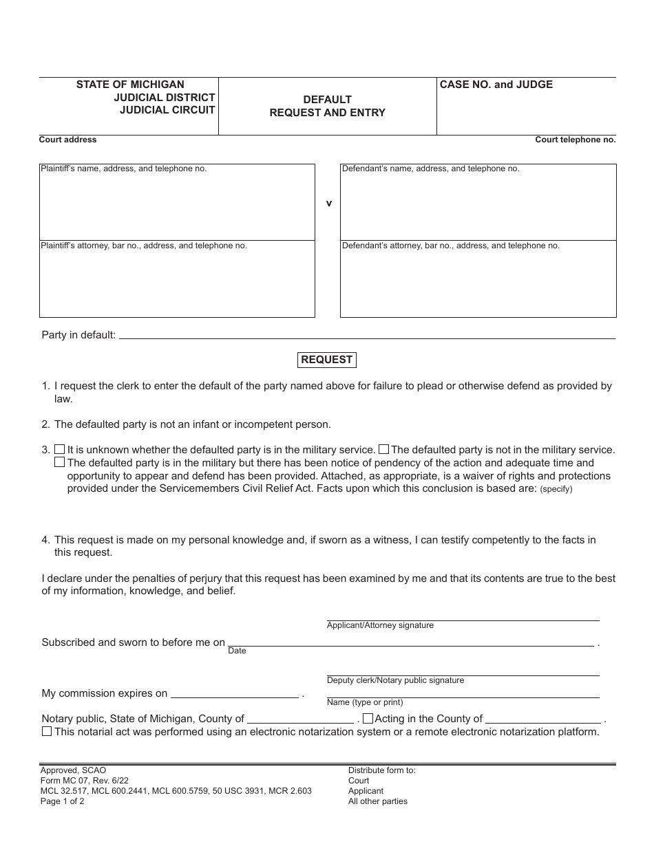 Form MC07 Default Request and Entry - Michigan, Page 1