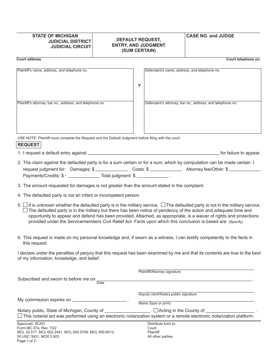 Form MC07A Default Request, Entry, and Judgment (Sum Certain) - Michigan, Page 1