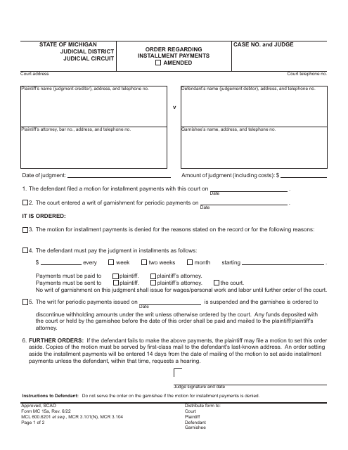 Form MC15A Order Regarding Installment Payments - Michigan