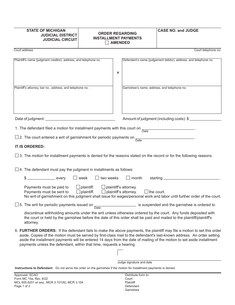 Form MC15A Order Regarding Installment Payments - Michigan, Page 1