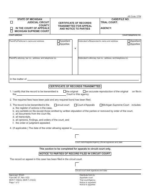 Form MC57 Certificate of Records Transmitted for Appeal and Notice to Parties - Michigan