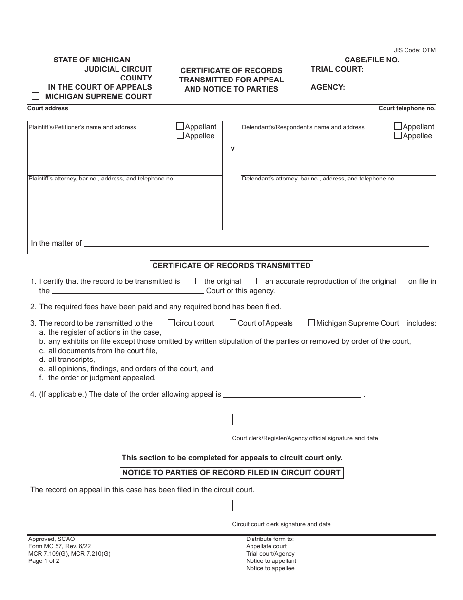 Form MC57 Download Fillable PDF or Fill Online Certificate of Records ...