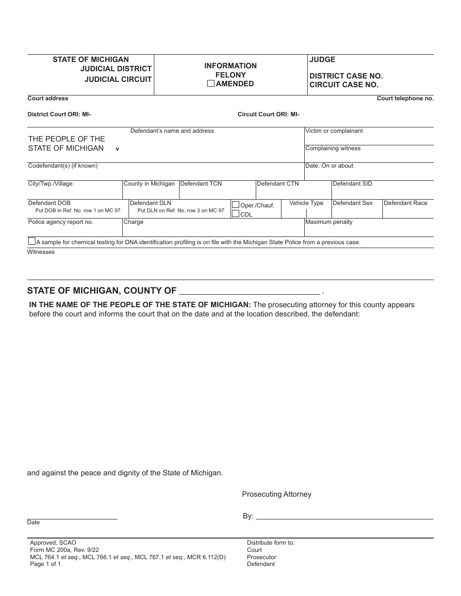 Form MC200A Felony Information - Michigan, Page 1
