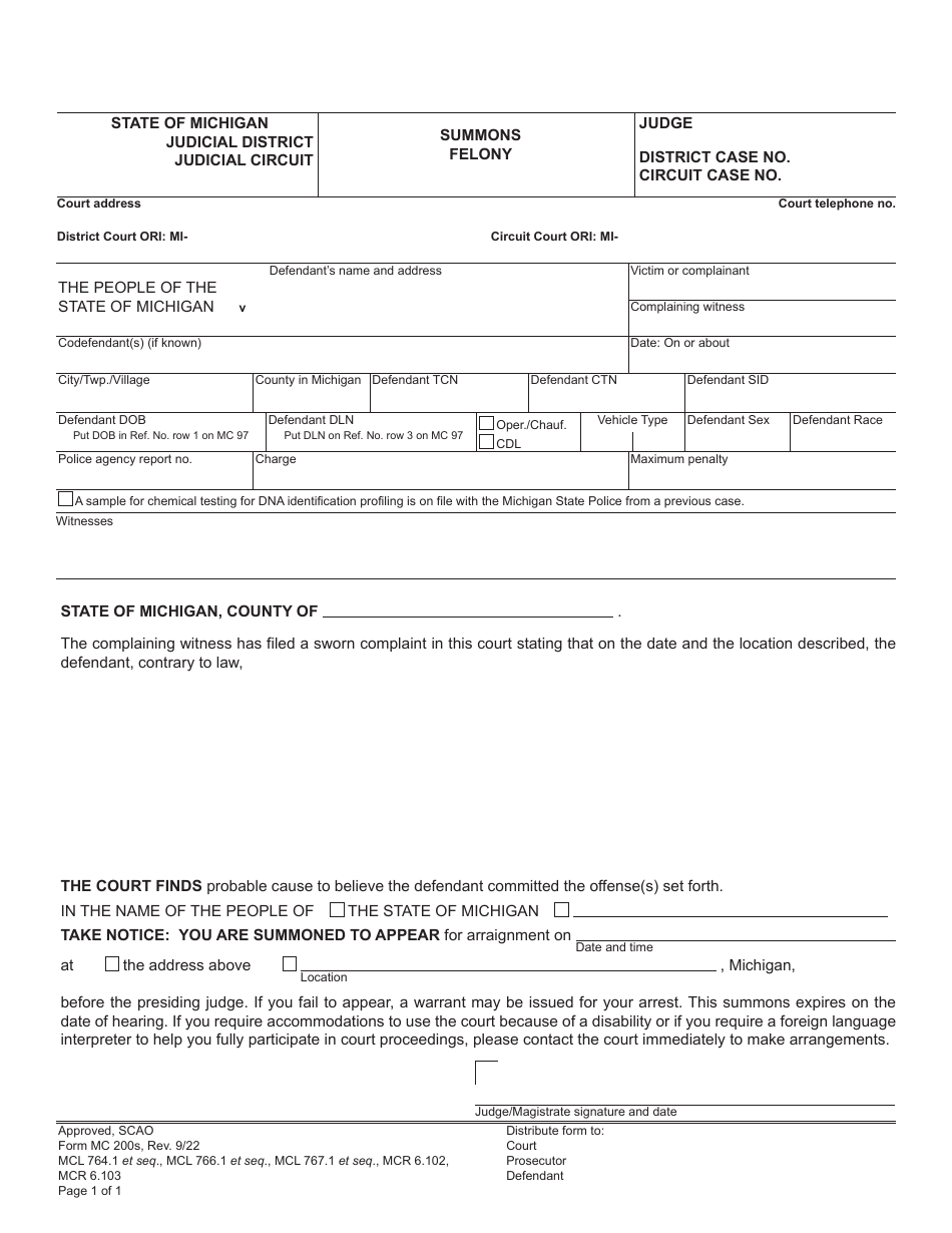 Form MC200S Felony Set - Summons - Michigan, Page 3