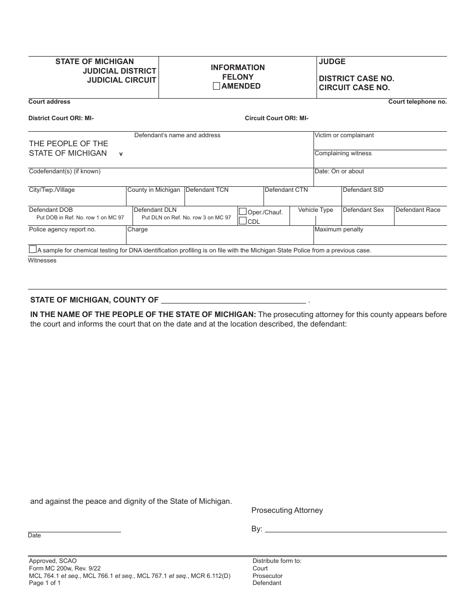 Form MC200W Felony Set - Warrant - Michigan, Page 1