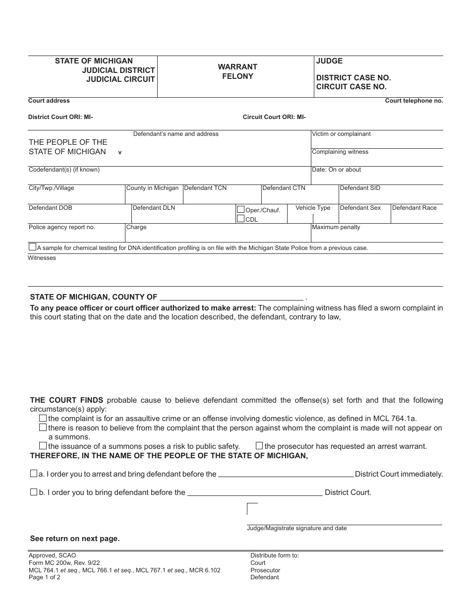 Form MC200W Felony Set - Warrant - Michigan, Page 3