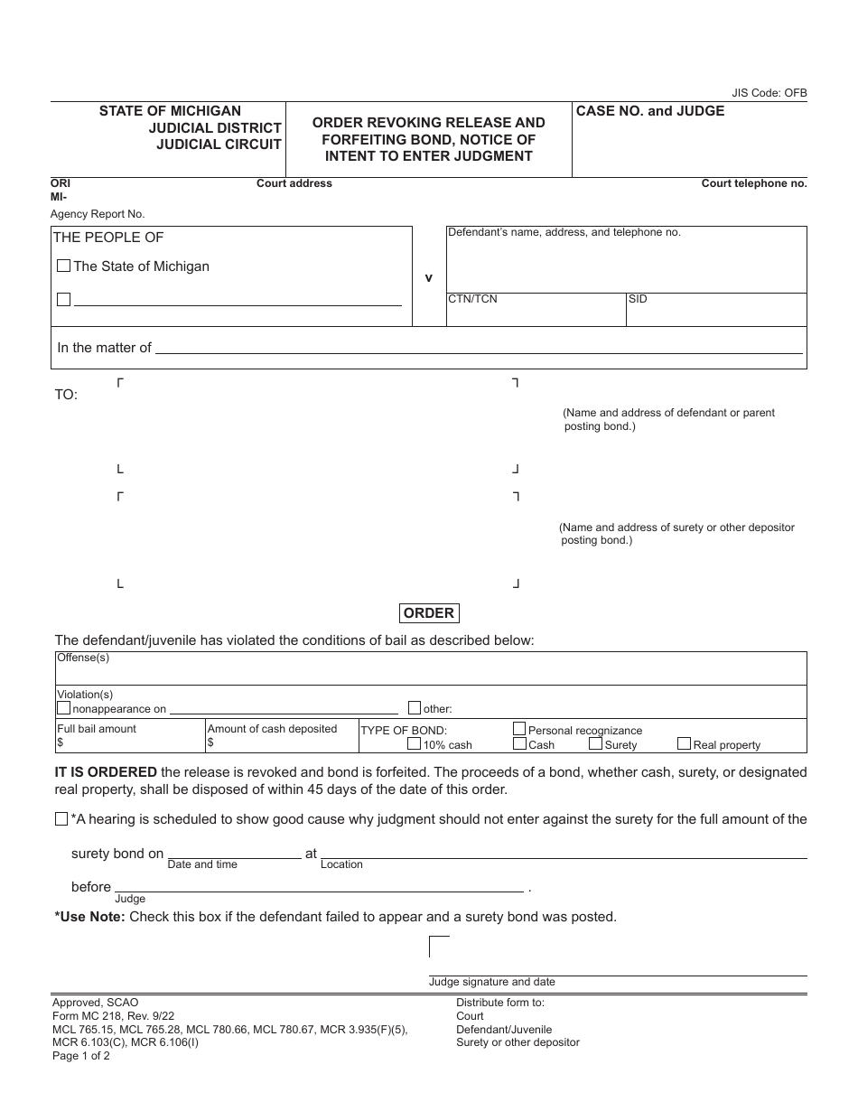 Form MC218 Order Revoking Release and Forfeiting Bond, Notice of Intent to Enter Judgment - Michigan, Page 1