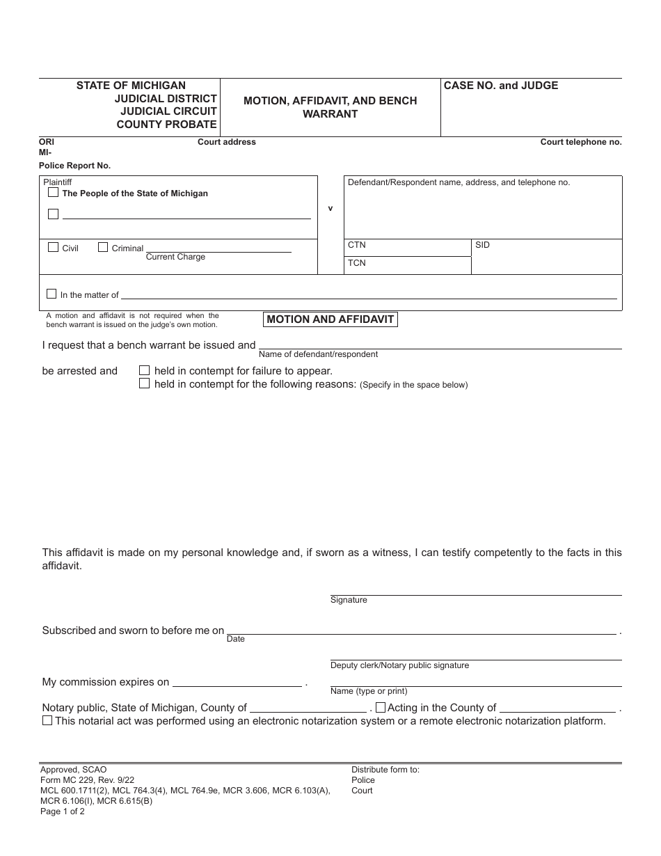 Form MC229 Motion, Affidavit, and Bench Warrant - Michigan, Page 1