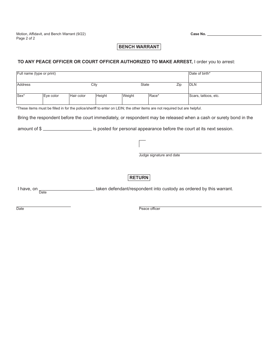 Form MC229 Motion, Affidavit, and Bench Warrant - Michigan, Page 2