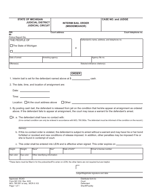 Form MC232 Interim Bail Order (Misdemeanor) - Michigan