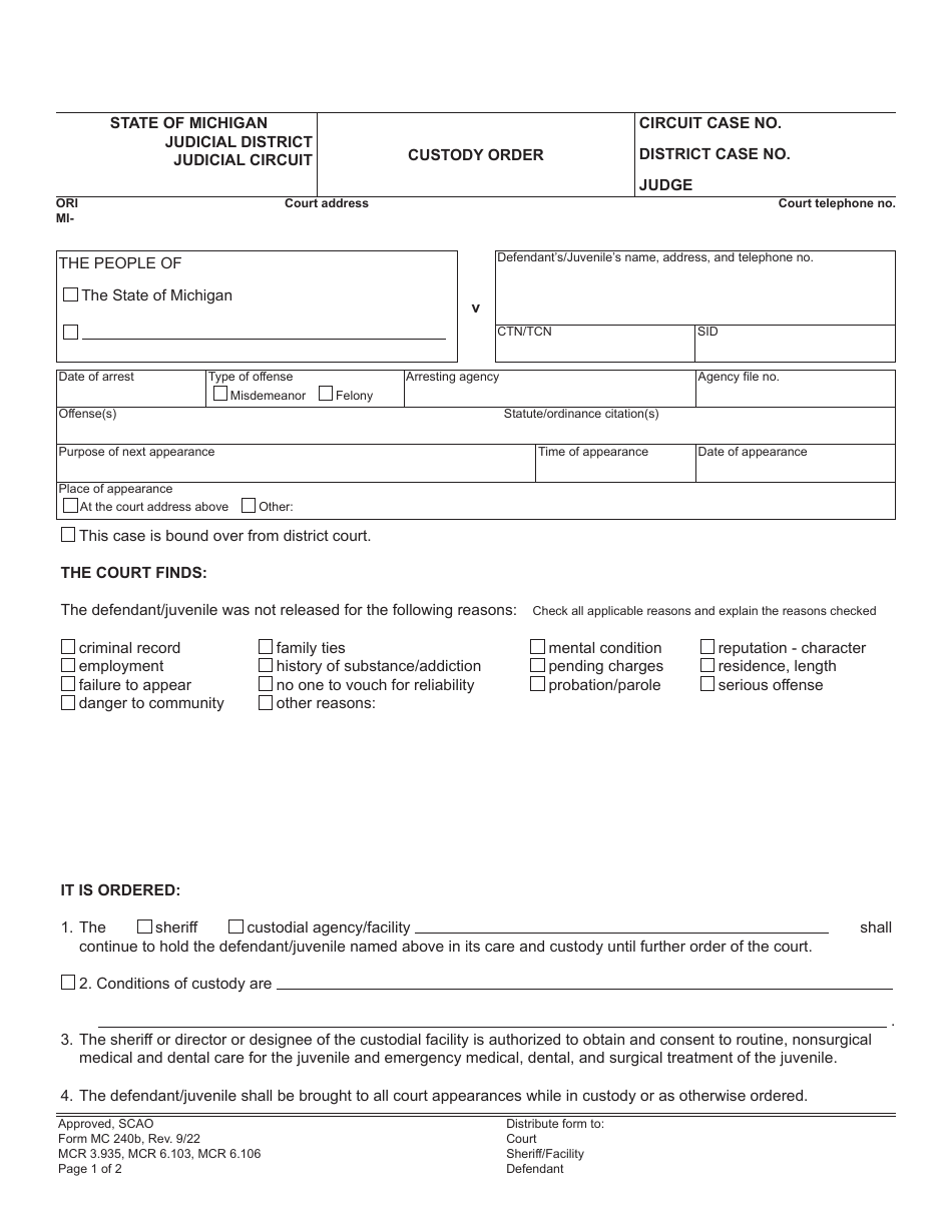 Form MC240B Custody Order - Michigan, Page 1