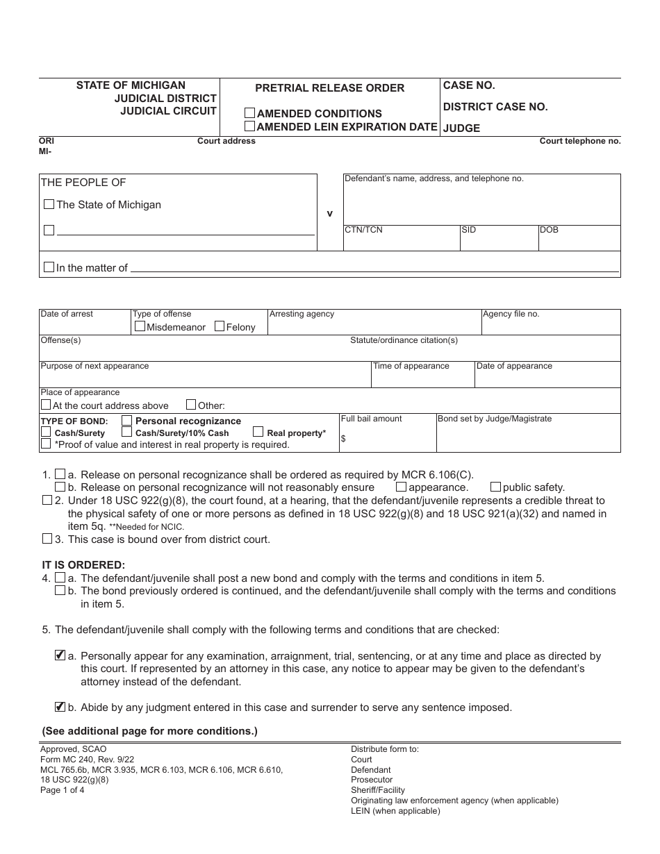 Form MC240 Pretrial Release Order - Michigan, Page 1