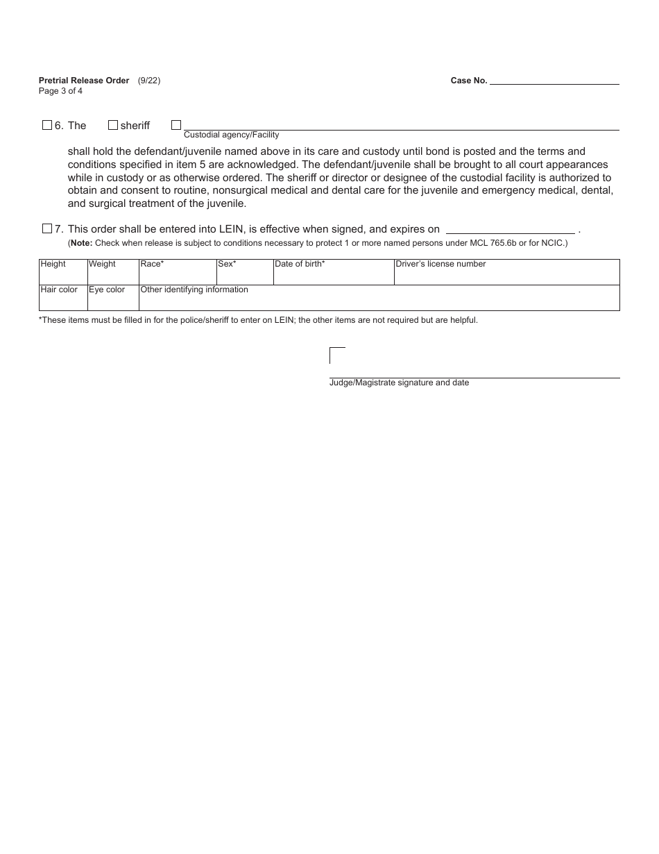 Form MC240 Pretrial Release Order - Michigan, Page 3