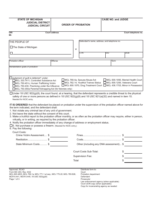 Form MC243 Order of Probation - Michigan