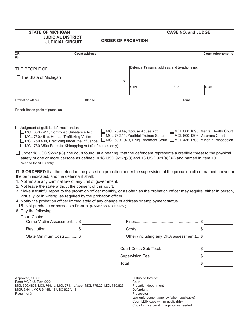Form MC243 Order of Probation - Michigan, Page 1