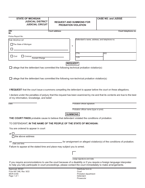Form MC246 Request and Summons for Probation Violation - Michigan