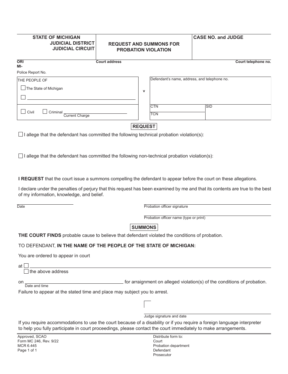 Form MC246 Request and Summons for Probation Violation - Michigan, Page 1