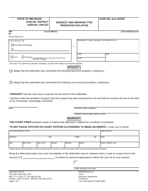 Form MC246A Request and Warrant for Probation Violation - Michigan