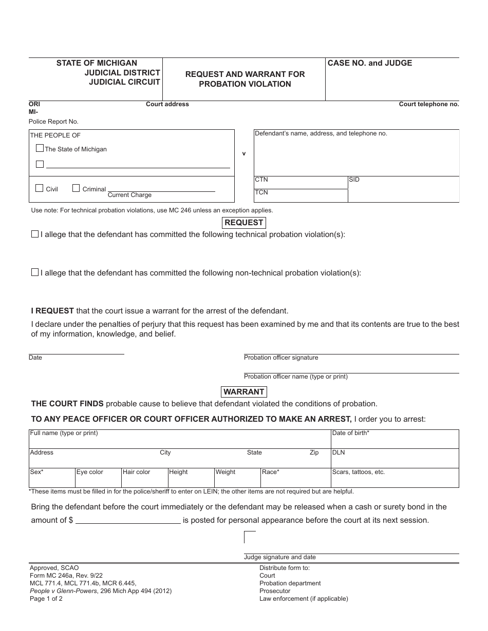 Form MC246A Request and Warrant for Probation Violation - Michigan, Page 1
