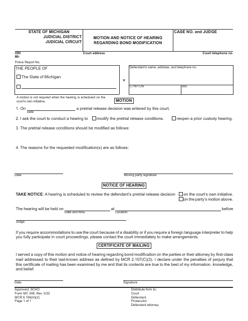 Form MC308 Motion and Notice of Hearing Regarding Bond Modification - Michigan