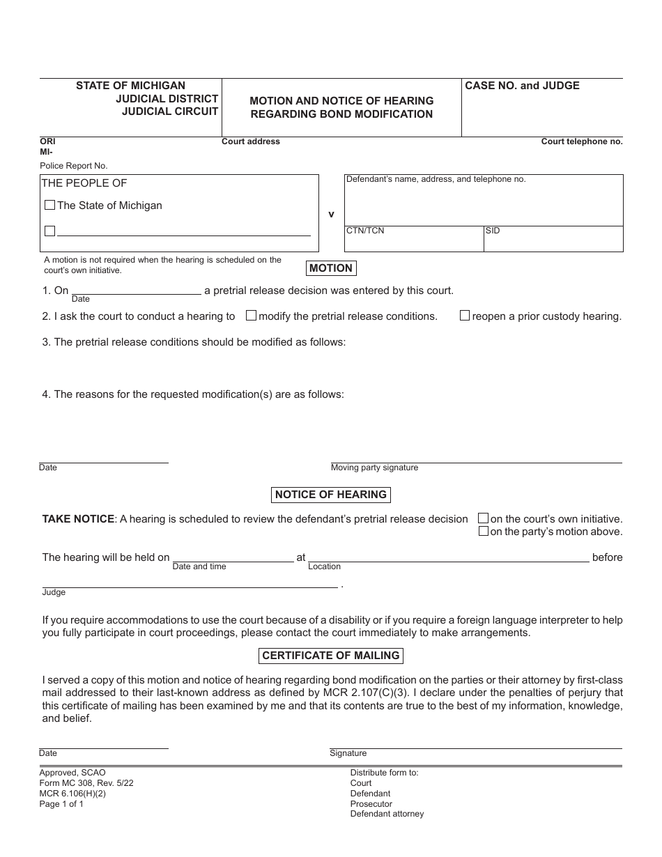 Form MC308 Motion and Notice of Hearing Regarding Bond Modification - Michigan, Page 1