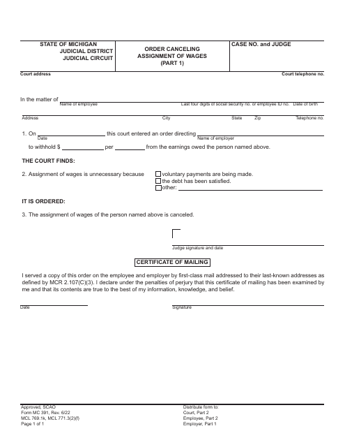 Form MC391 Part 1 Order Canceling Assignment of Wages - Michigan