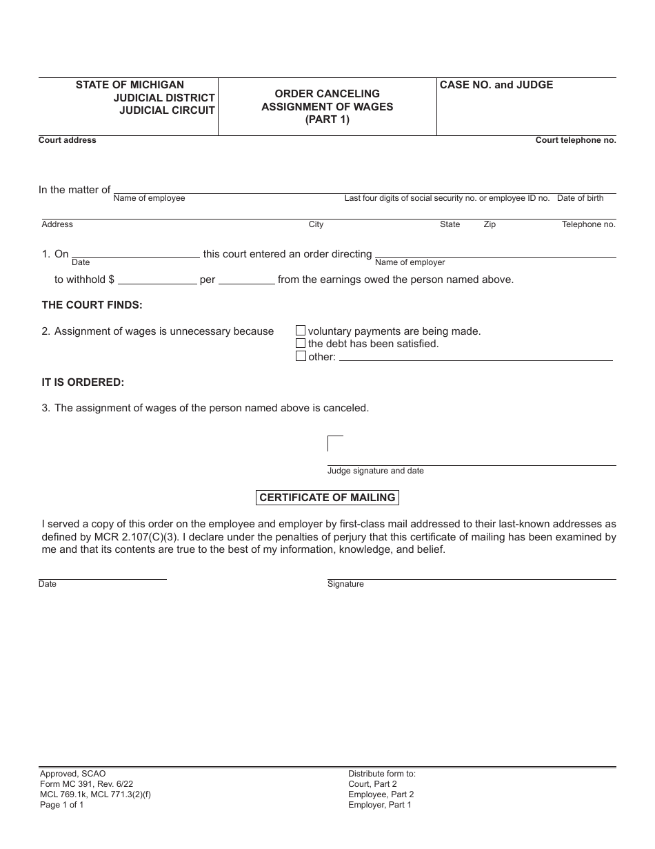 Form MC391 Part 1 Order Canceling Assignment of Wages - Michigan, Page 1
