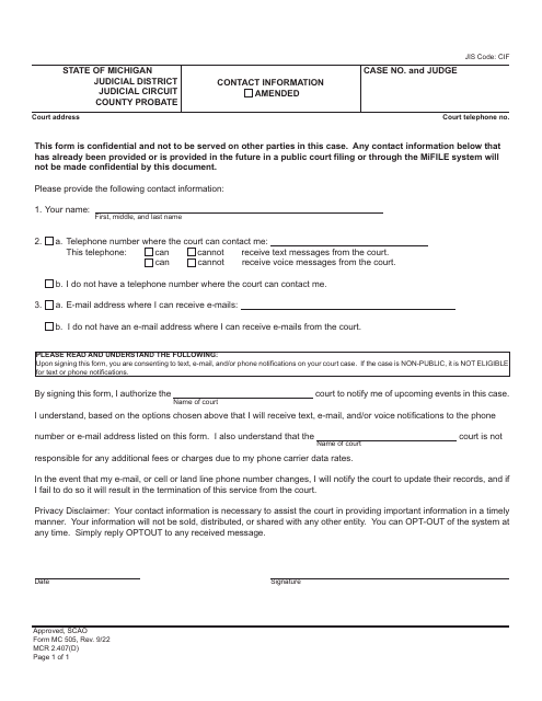 Form MC505 Contact Information - Michigan