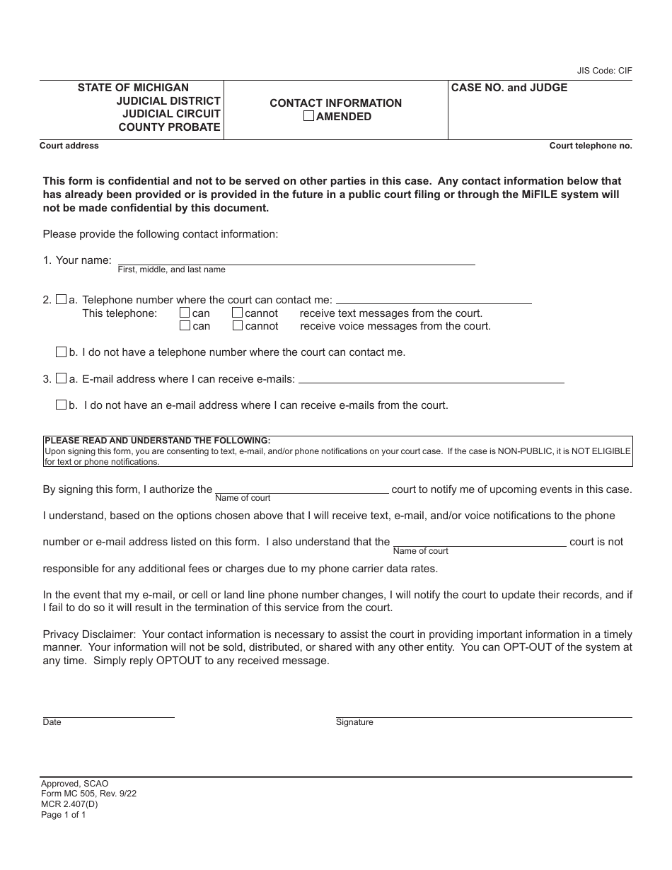 Form MC505 Contact Information - Michigan, Page 1