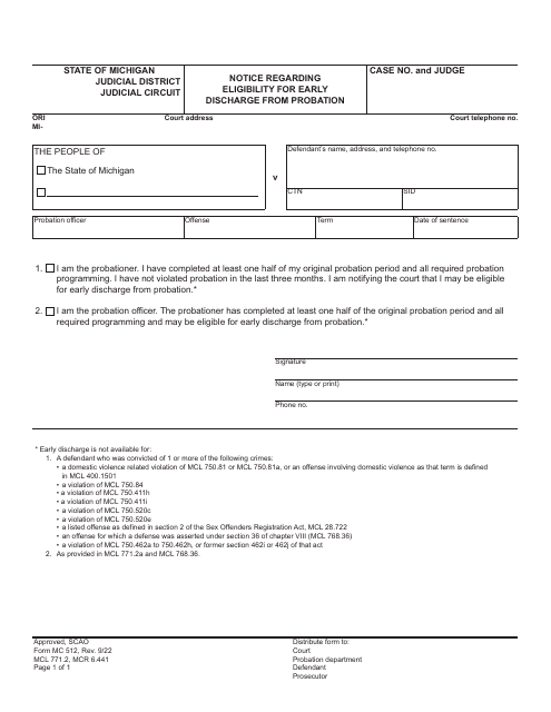 Form MC512 Notice Regarding Eligibility for Early Discharge From Probation - Michigan