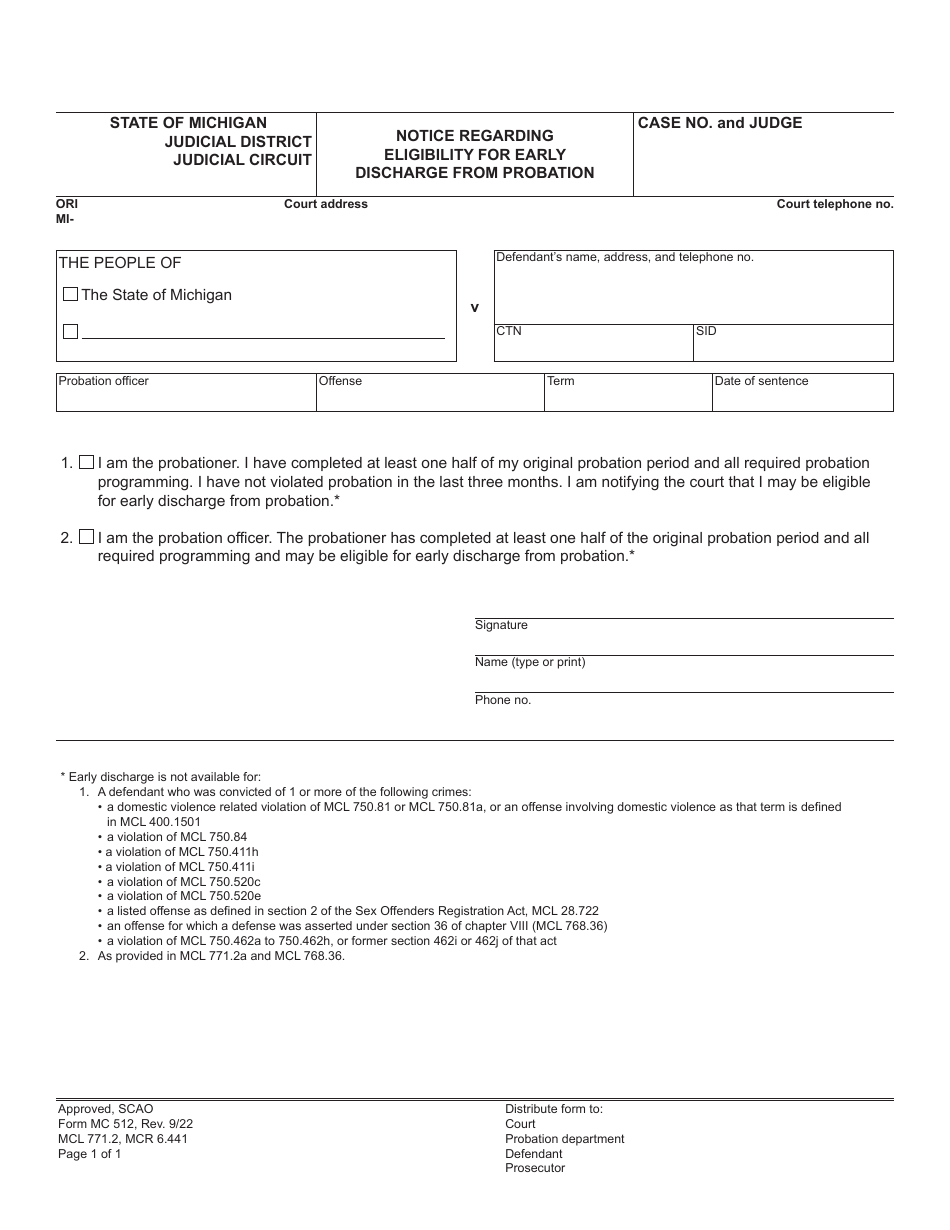 Form MC512 Notice Regarding Eligibility for Early Discharge From Probation - Michigan, Page 1