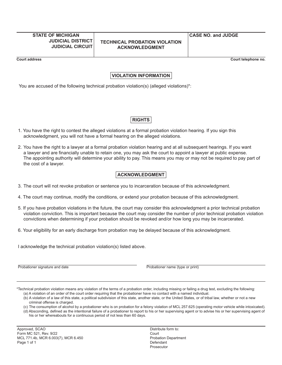Form MC521 Technical Probation Violation Acknowledgment - Michigan, Page 1