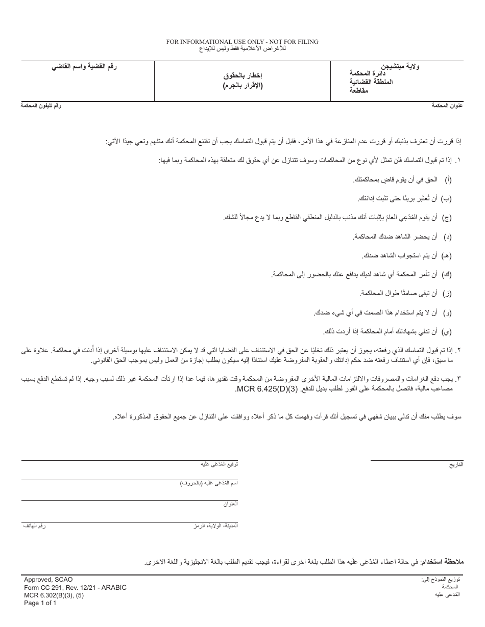 Form CC291 Advice of Rights (Felony Plea) - Michigan (Arabic), Page 1