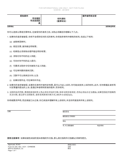 Form CC291 Advice of Rights (Felony Plea) - Michigan (Chinese)