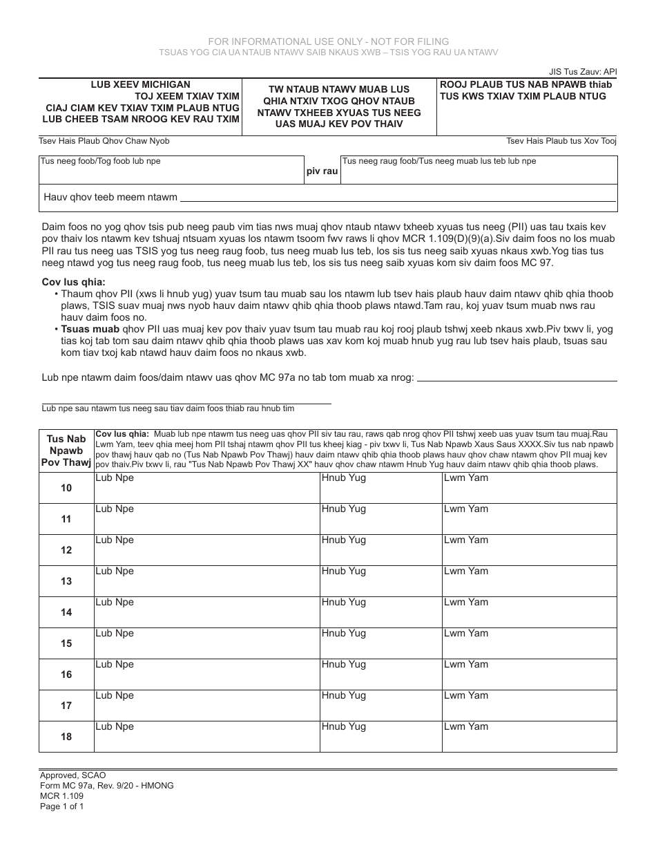 Form MC97A Addendum to Protected Personal Identifying Information - Michigan (Hmong), Page 1