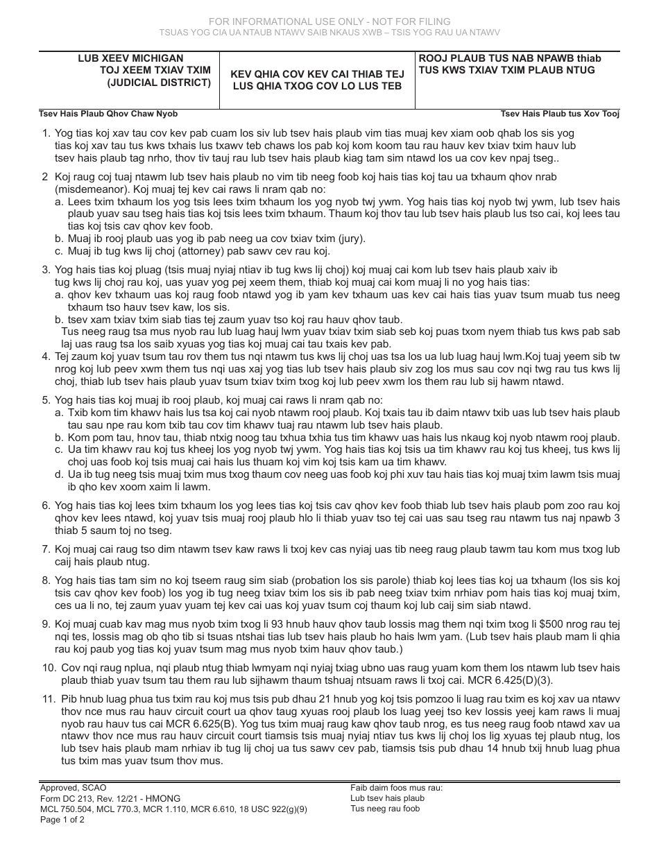 Form DC213 Advice of Rights and Plea Information - Michigan (Hmong), Page 1