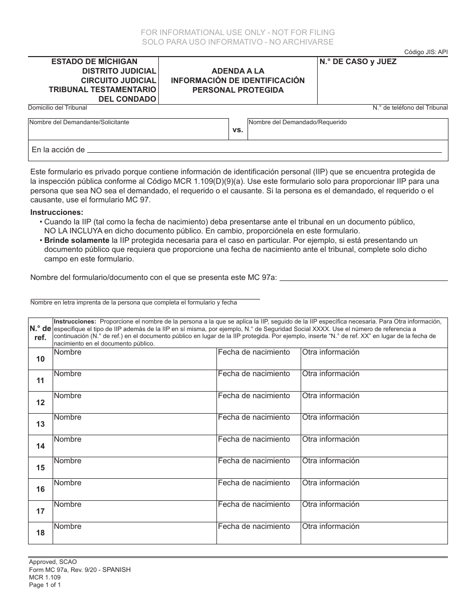 Formulario MC97A Adenda a La Informacion De Identificacion Personal Protegida - Michigan (Spanish), Page 1