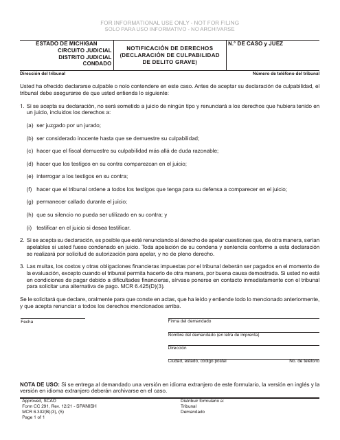Formulario CC291 Notificacion De Derechos (Declaracion De Culpabilidad De Delito Grave) - Michigan (Spanish)