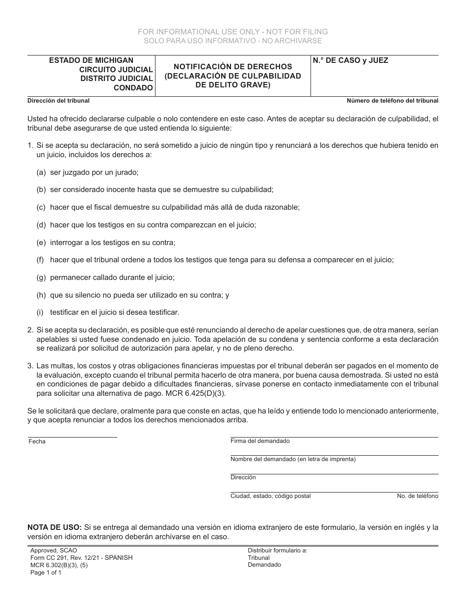 Formulario CC291 Notificacion De Derechos (Declaracion De Culpabilidad De Delito Grave) - Michigan (Spanish), Page 1