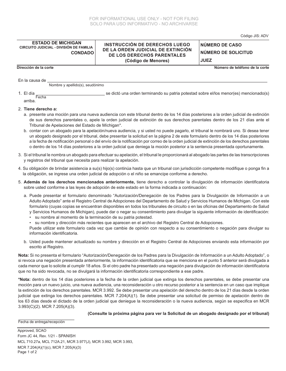 Formulario JC44 Orden Judicial De Extincion De Los Derechos Parentales (Codigo De Menores) - Michigan (Spanish), Page 1