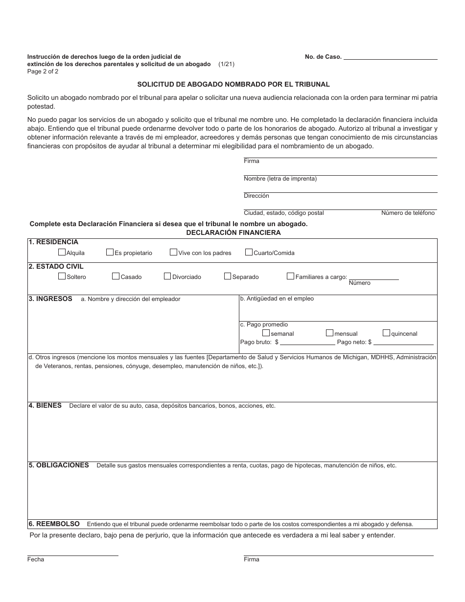 Formulario JC44 Orden Judicial De Extincion De Los Derechos Parentales (Codigo De Menores) - Michigan (Spanish), Page 2