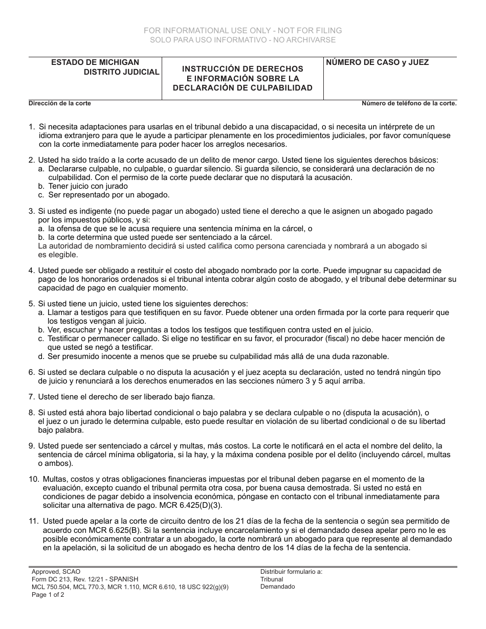 Formulario DC213 Declaracion De Culpabilidad - Michigan (Spanish), Page 1